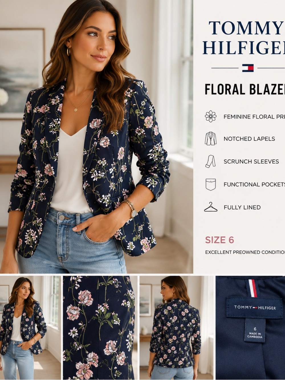 Tommy Hilfiger Navy Floral Blazer Womens Size 6 Scrunch Sleeve Career Chic